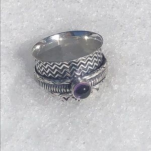 BOUTIQUE AMETHYST SPINNER 925 SILVER RING, SZ 8.5